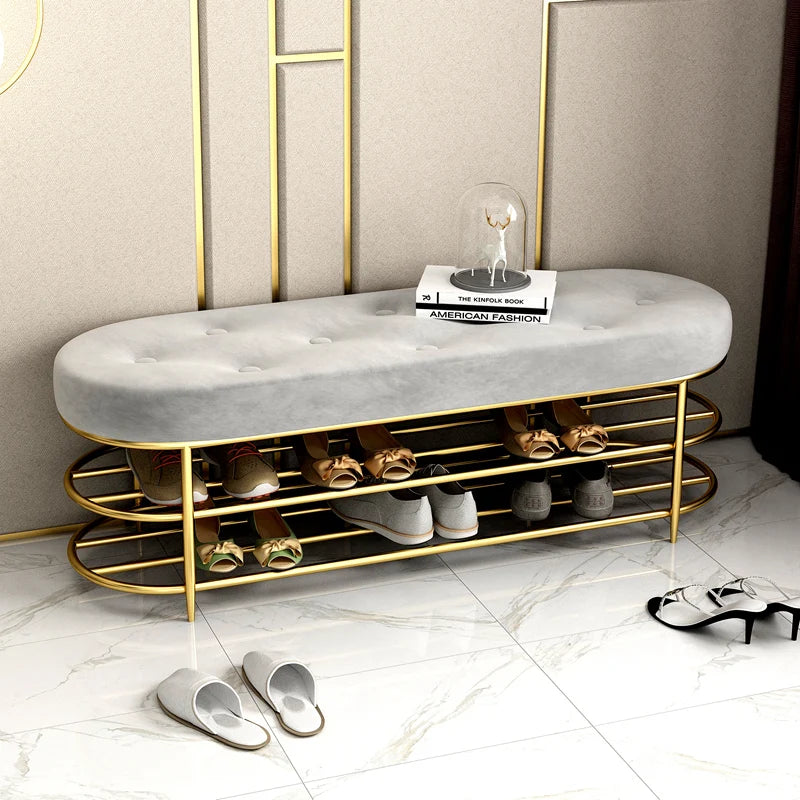 Customized Luxury Shoe Stool with 2 Tiers Shoe Rack Shelf Sofa Seat Cushion Entrance Door Shoe Cabinet Shoe Bench Storage Stool