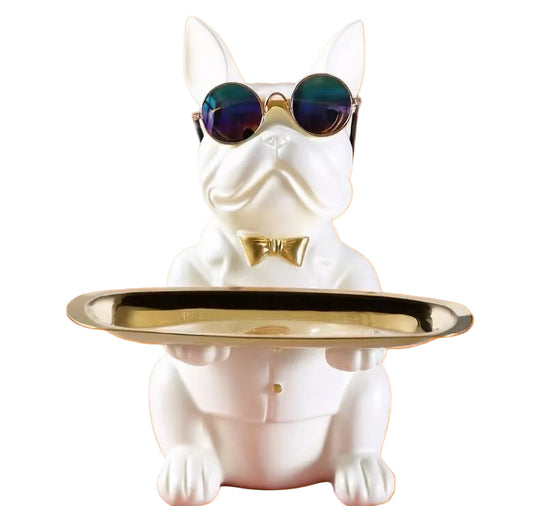 Bulldog Sitting with Tray - White